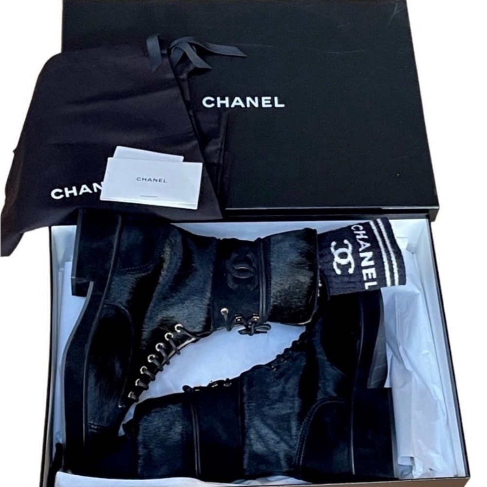 Chanel Lace Up Calfskin, Knit&Suede Combat Boots & removable Chanel Socks NWT